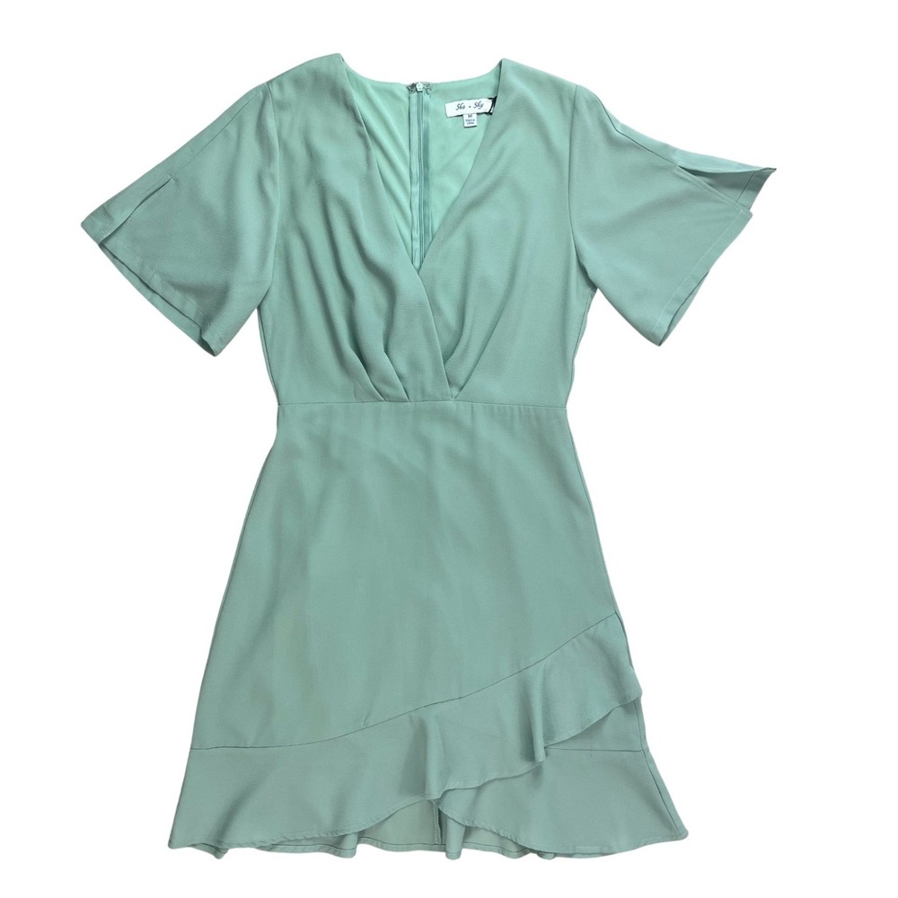 Sage Green V-Neck Mini Dress Flutter Sleeve‎ Ruffle Medium Regency Cottage Fairy